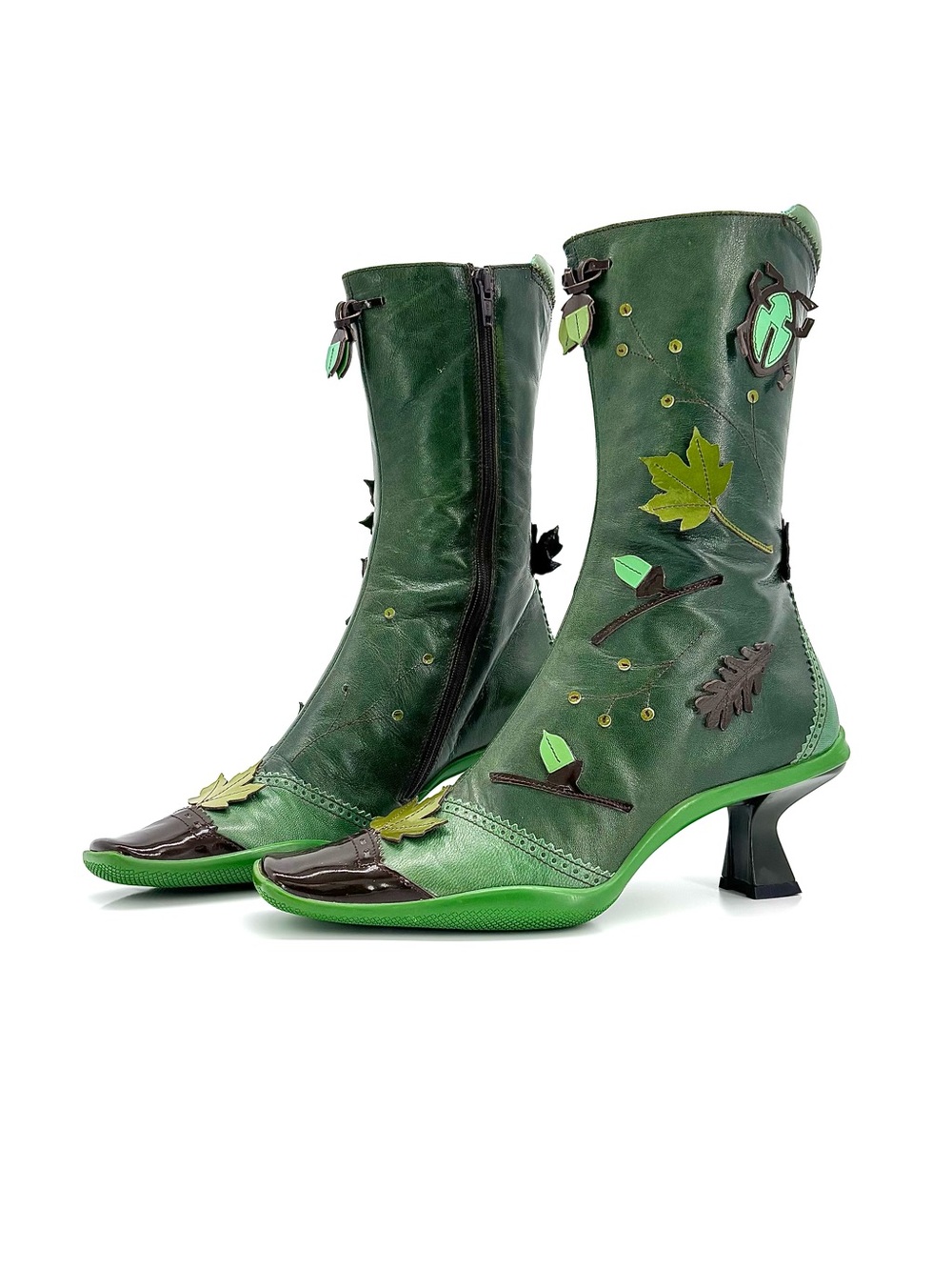 Vintage Prada FW1999 Runway Green Leaves and Bug Applique Leather Boots 38.5